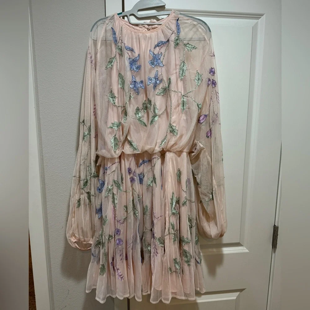 ASOS Curve Beige Mini Dress with Pink & Lavender Floral Embroidery